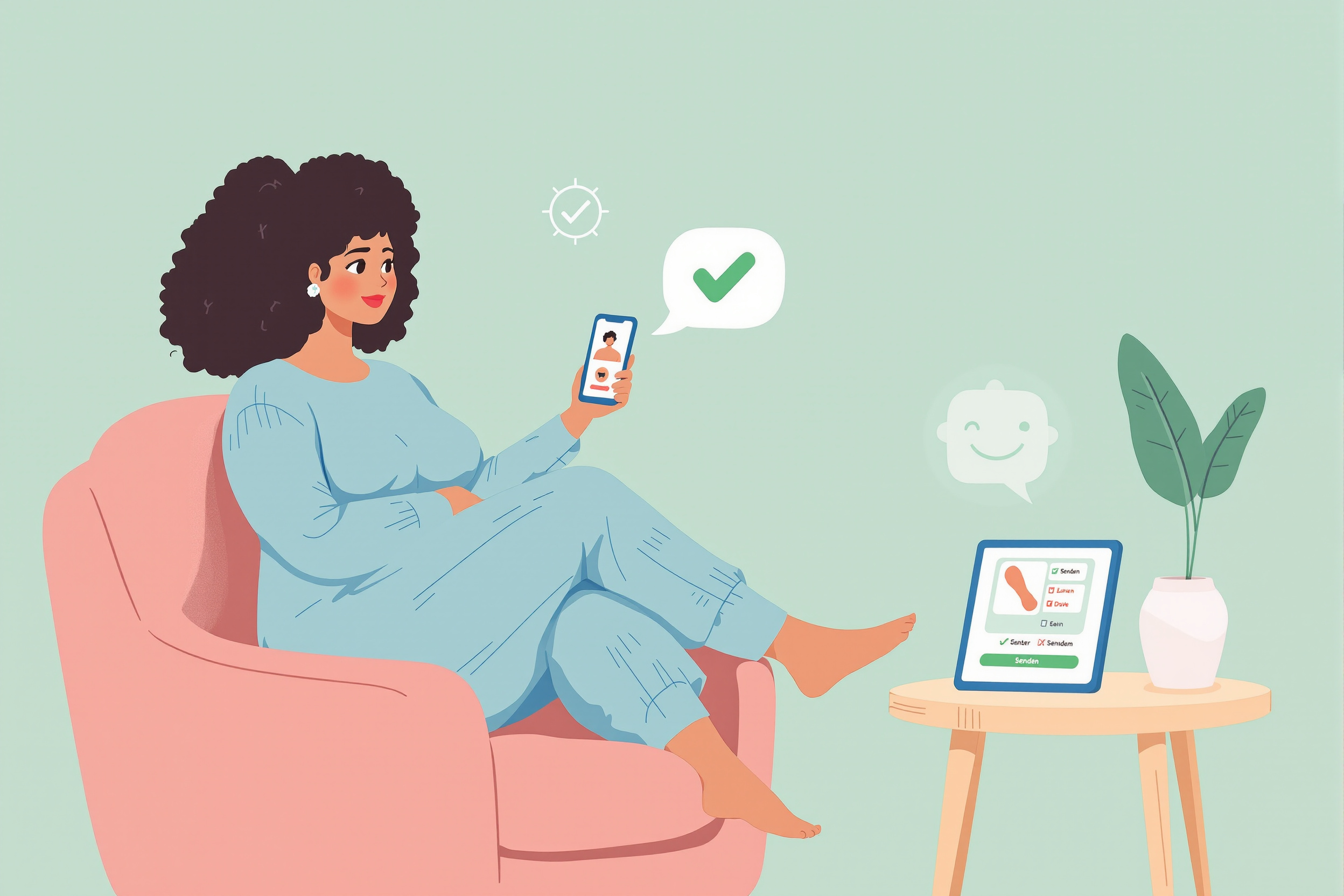 Flache Vektorillustration: Eine kurvige Frau nutzt Smartphone und Tablet für die digitale Lipödem-Diagnose mittels Foto und Fragebogen. Der Stil ist freundlich, inklusiv und körperpositiv in weichen Pastellfarben.