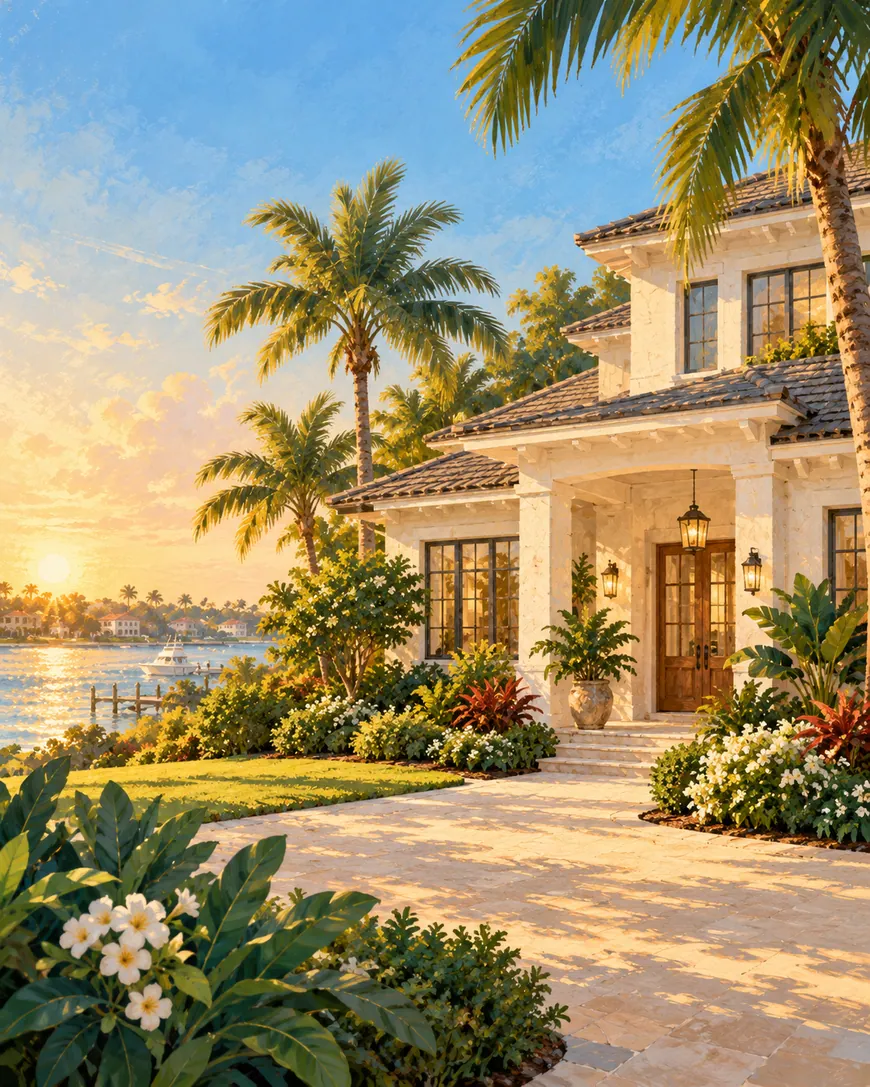 Painterly Florida coastal home surrounded by palms and waterfront scenery