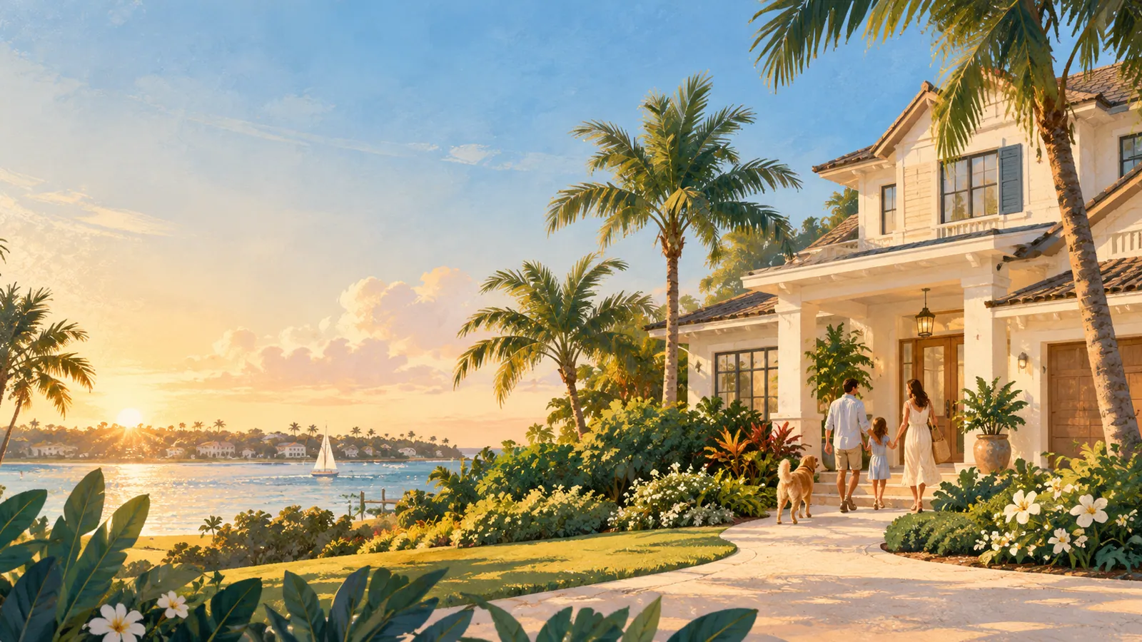 Florida waterfront home with family at sunset, painted editorial illustration