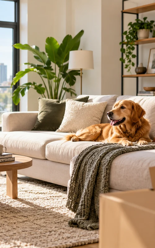 Bright living room with a sofa, plants and natural light