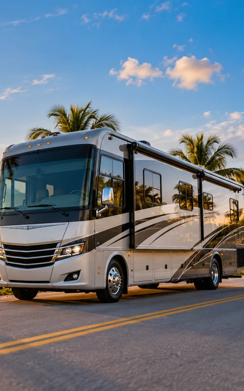 Motorhome parked beside a wooded campsite