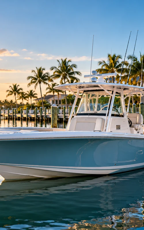 Boats docked at a palm-lined marina