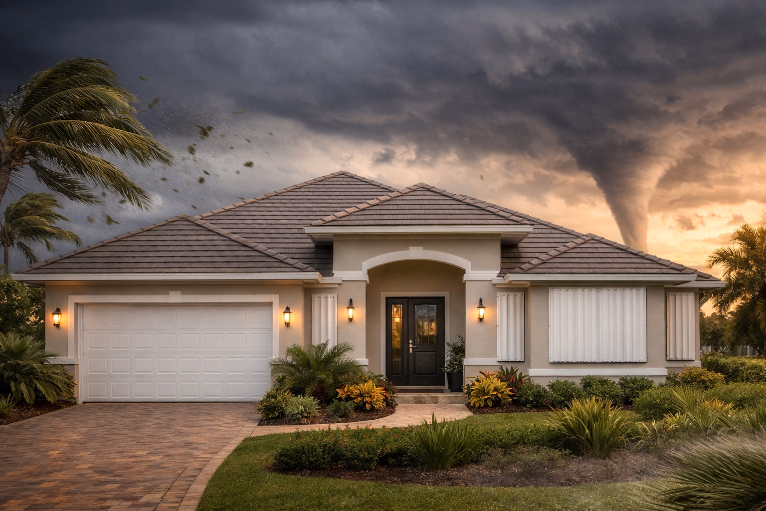 Florida home with hip roof and impact shutters, illustrating wind mitigation credits to save on insurance rates.