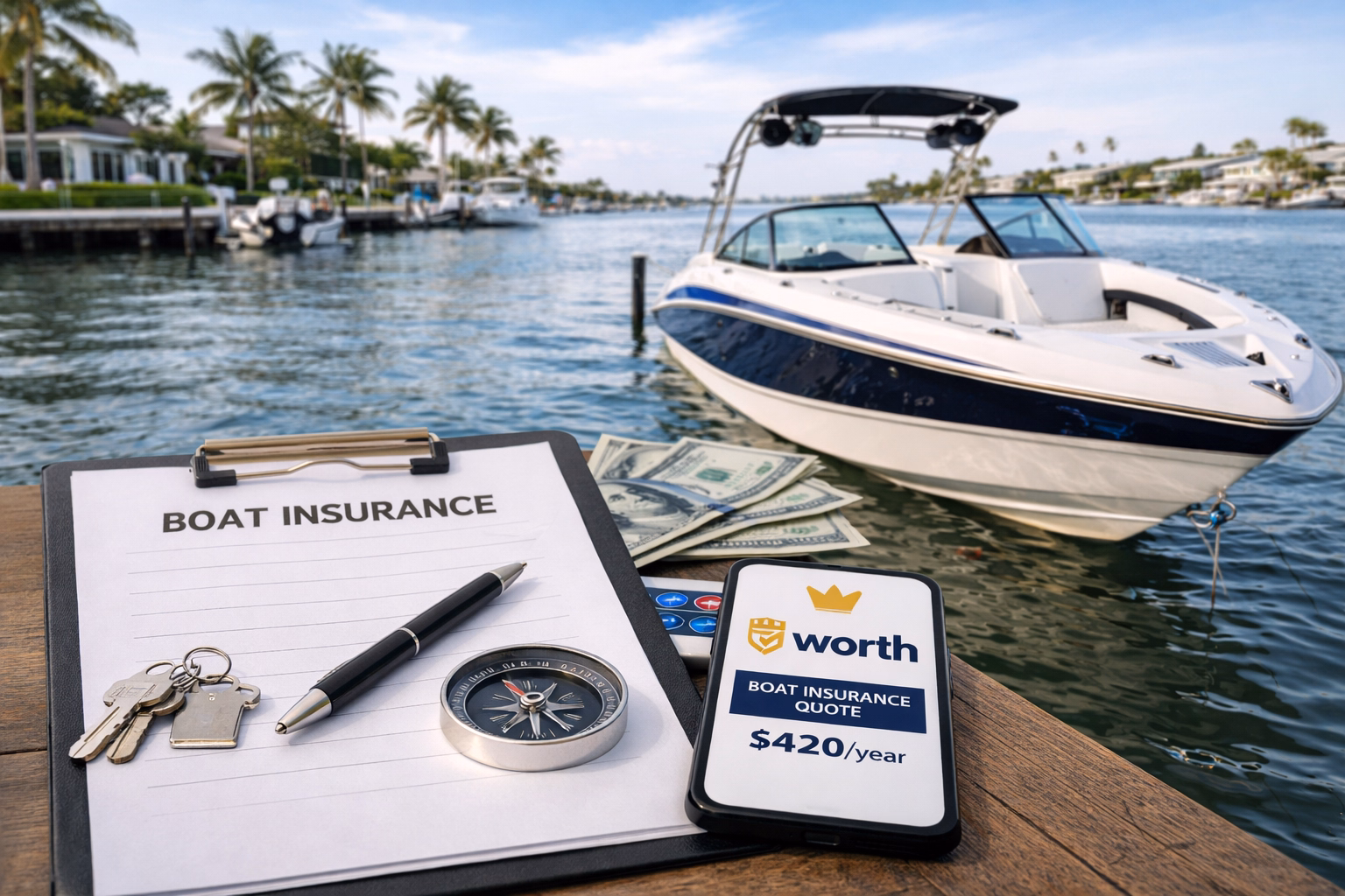 A sleek white and blue speedboat docked at a sunny Florida marina, with a clipboard, keys, pen, and smartphone displaying a Worth Insurance boat insurance quote in the foreground, surrounded by calm water and palm-lined waterfront homes.