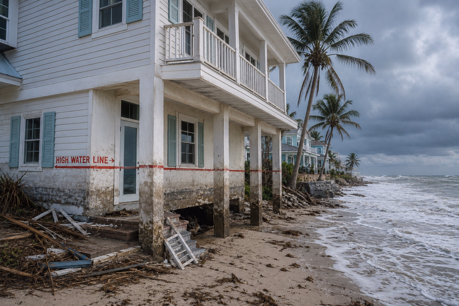 Florida coastal home with visible high-water line from storm surge.