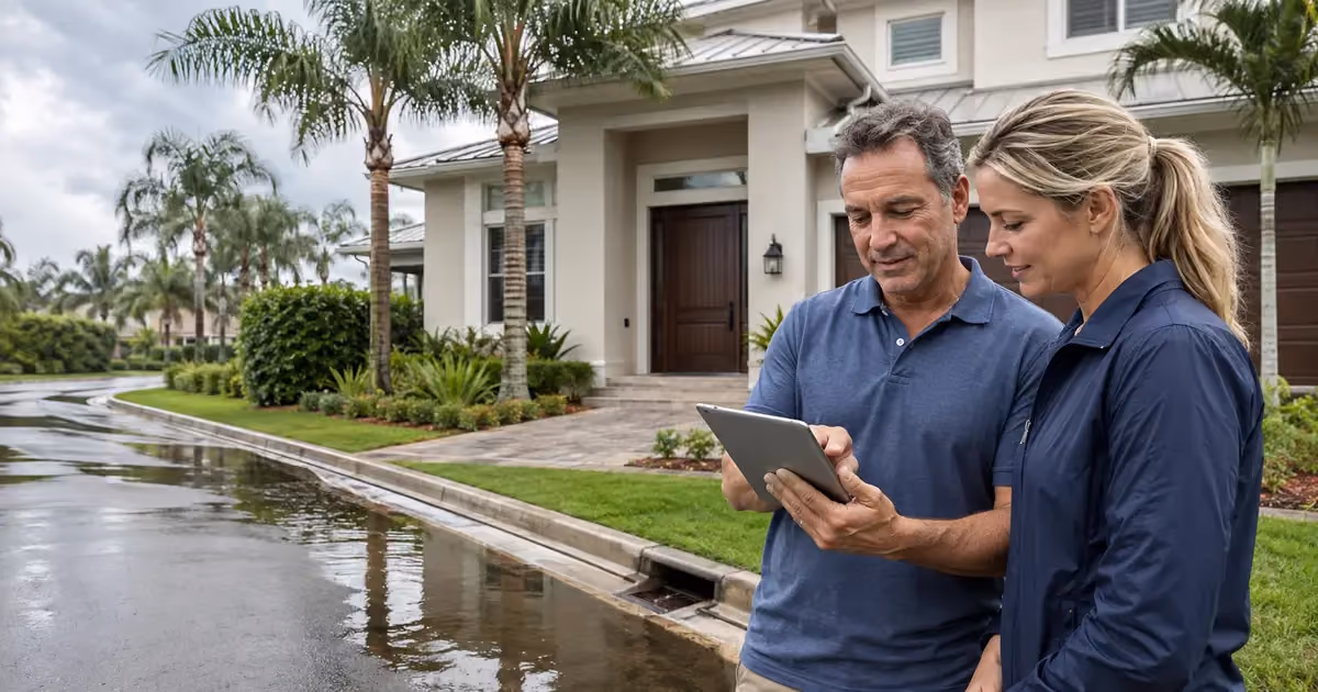 Florida homeowner comparing flood insurance quotes after heavy rain