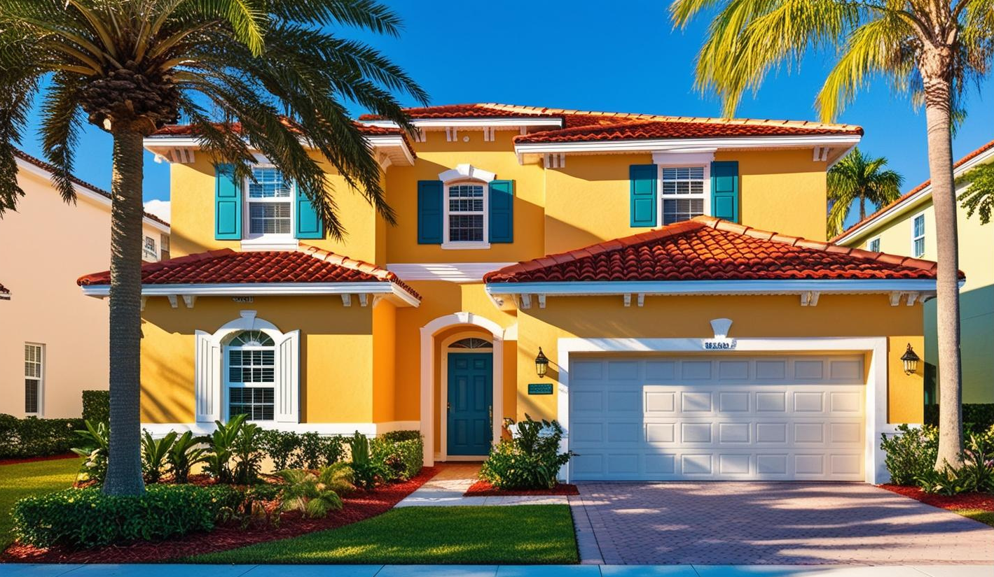 A collage of residential houses, including modern multi-story homes and suburban properties, illustrating factors affecting Florida homeowners insurance rates by county.
