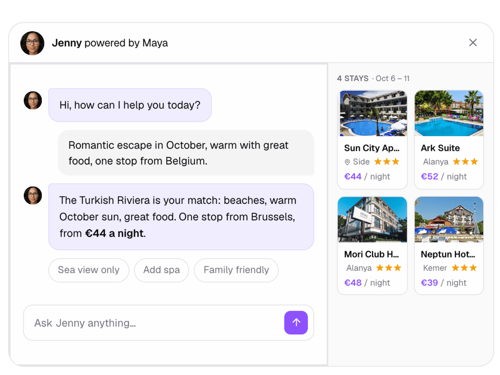 Maya feature — conversational trip search built on your catalogue