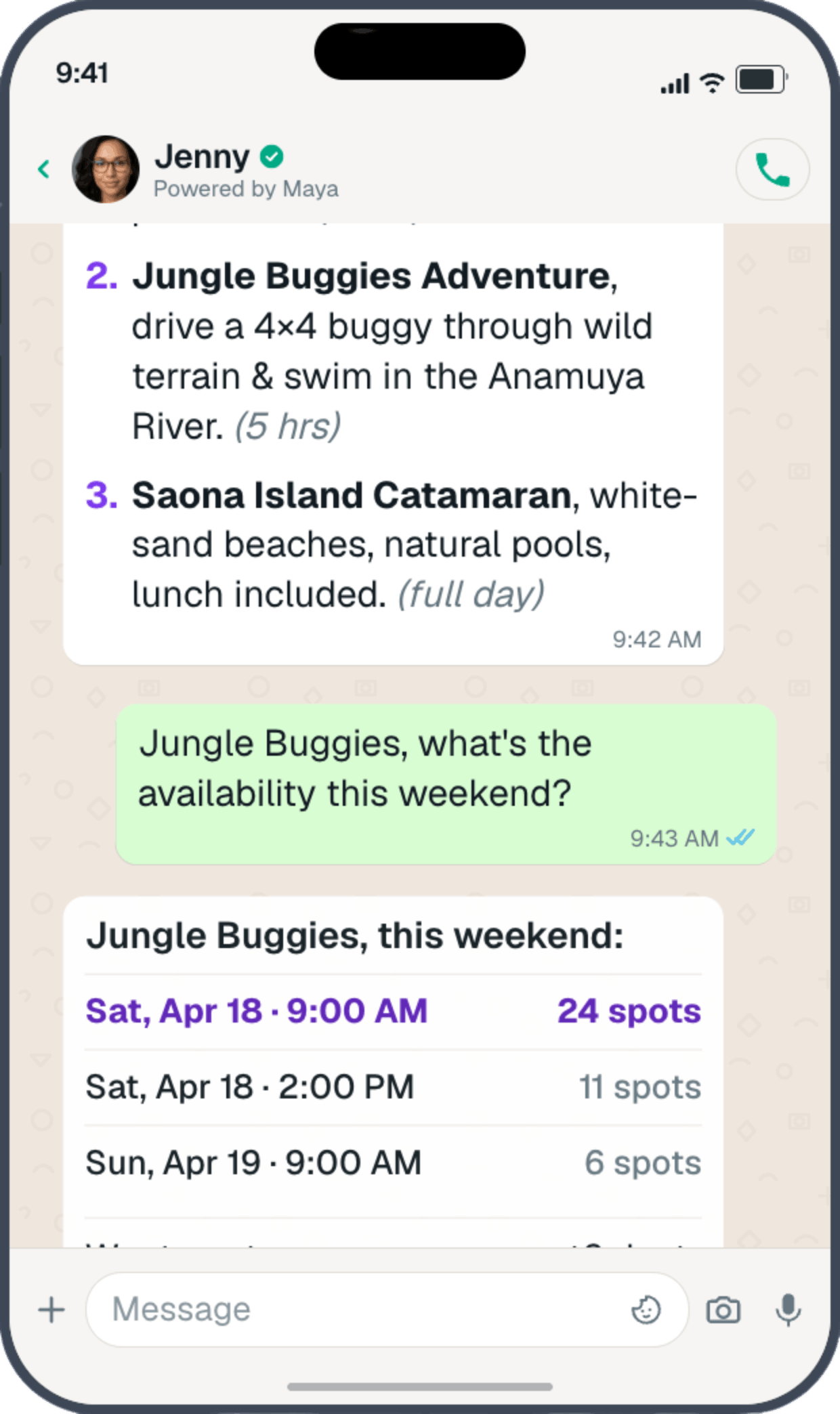 Maya feature — 24/7 traveller support on WhatsApp