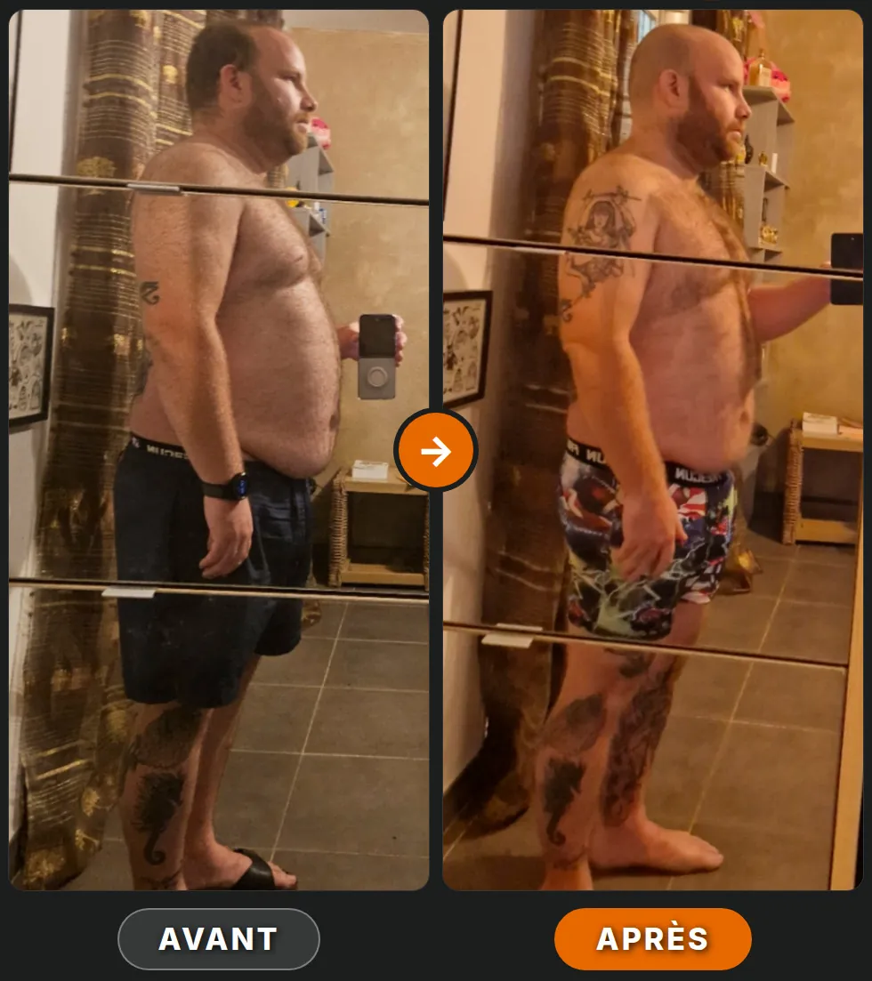 Photos avant et après d'un élève de NF Training, publiées avec son accord : −9 kg en 3 mois