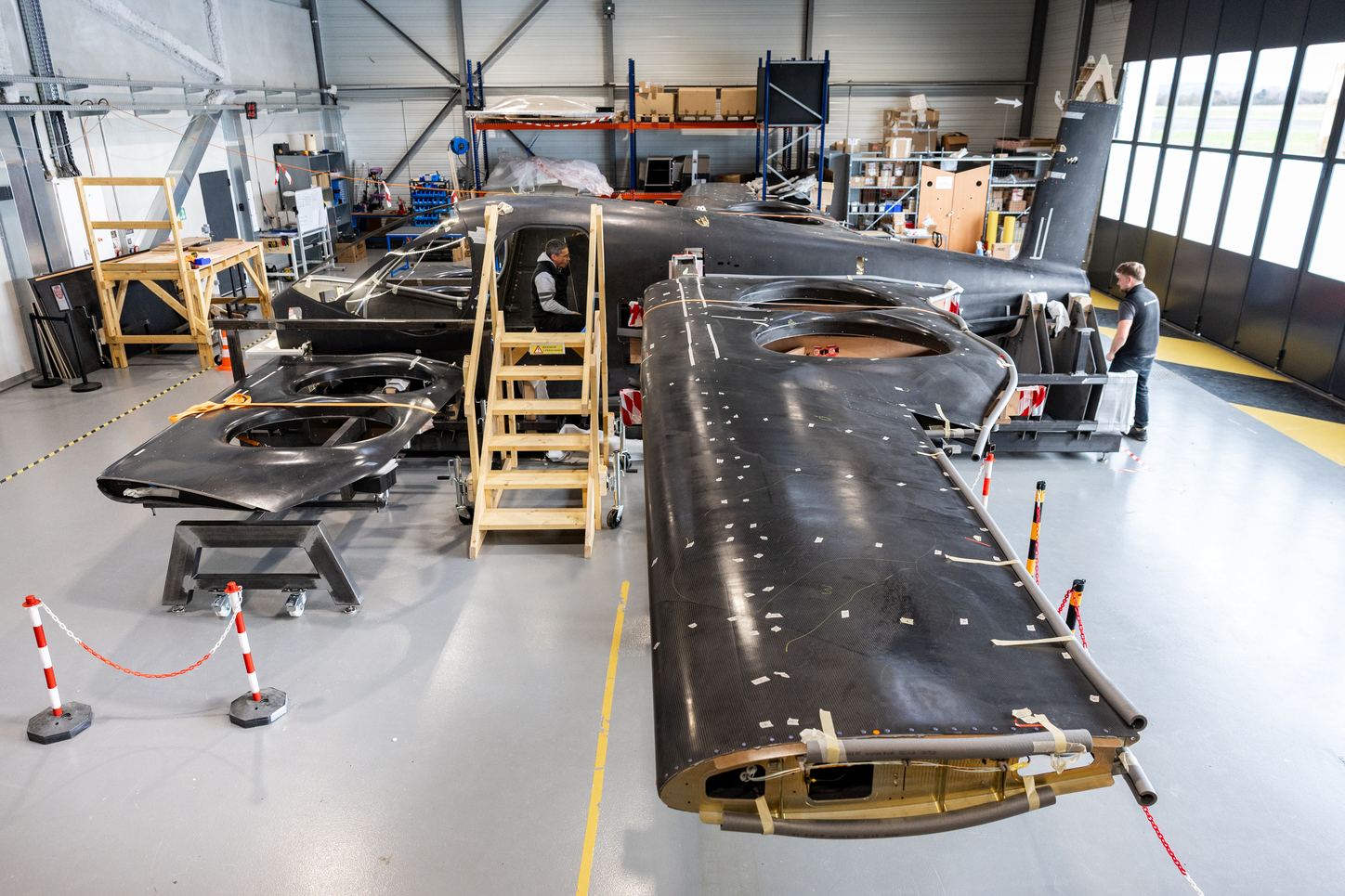 Fuselage and wing of the Atea aircraft during assembly in the Ascendance production hall