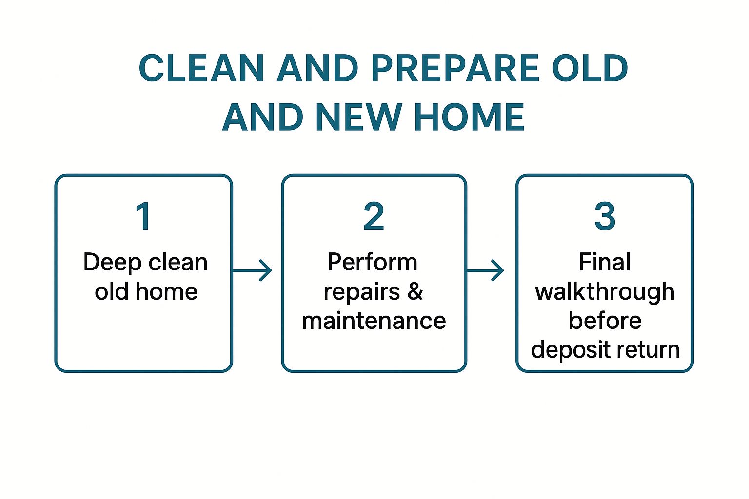 Infographic showing the three-step process for vacating your old home: 1. Deep clean old home, 2. Perform repairs & maintenance, 3. Final walkthrough before deposit return.