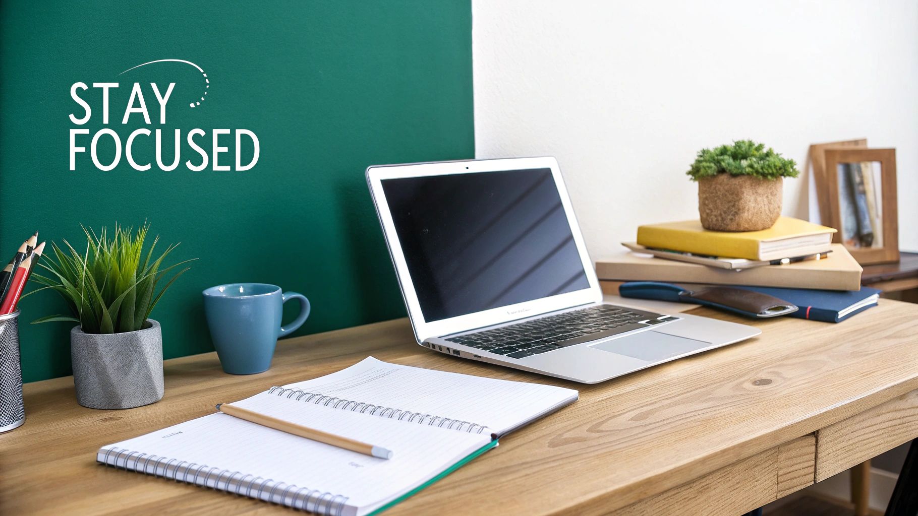 A clean, organized home office desk with a laptop, a plant, and minimal items, symbolizing increased productivity.