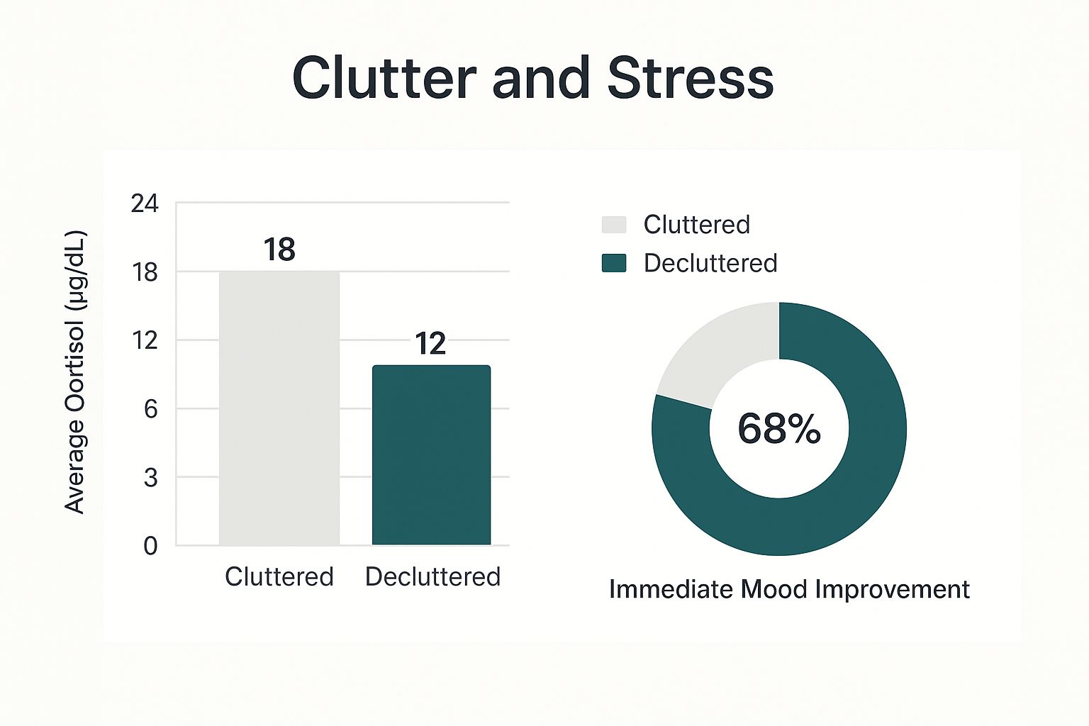 Infographic showing a bar chart comparing cortisol levels in cluttered vs. decluttered spaces, and a pie chart on mood improvement after decluttering.