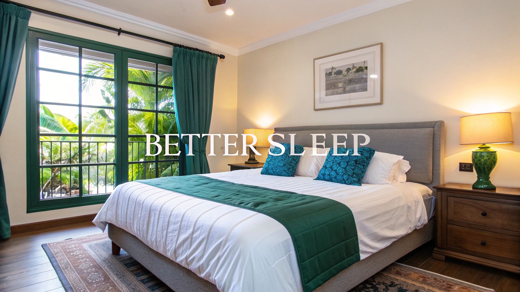 A tidy, minimalist bedroom with a neatly made bed, clear nightstands, and soft, calm lighting, conducive to good sleep.
