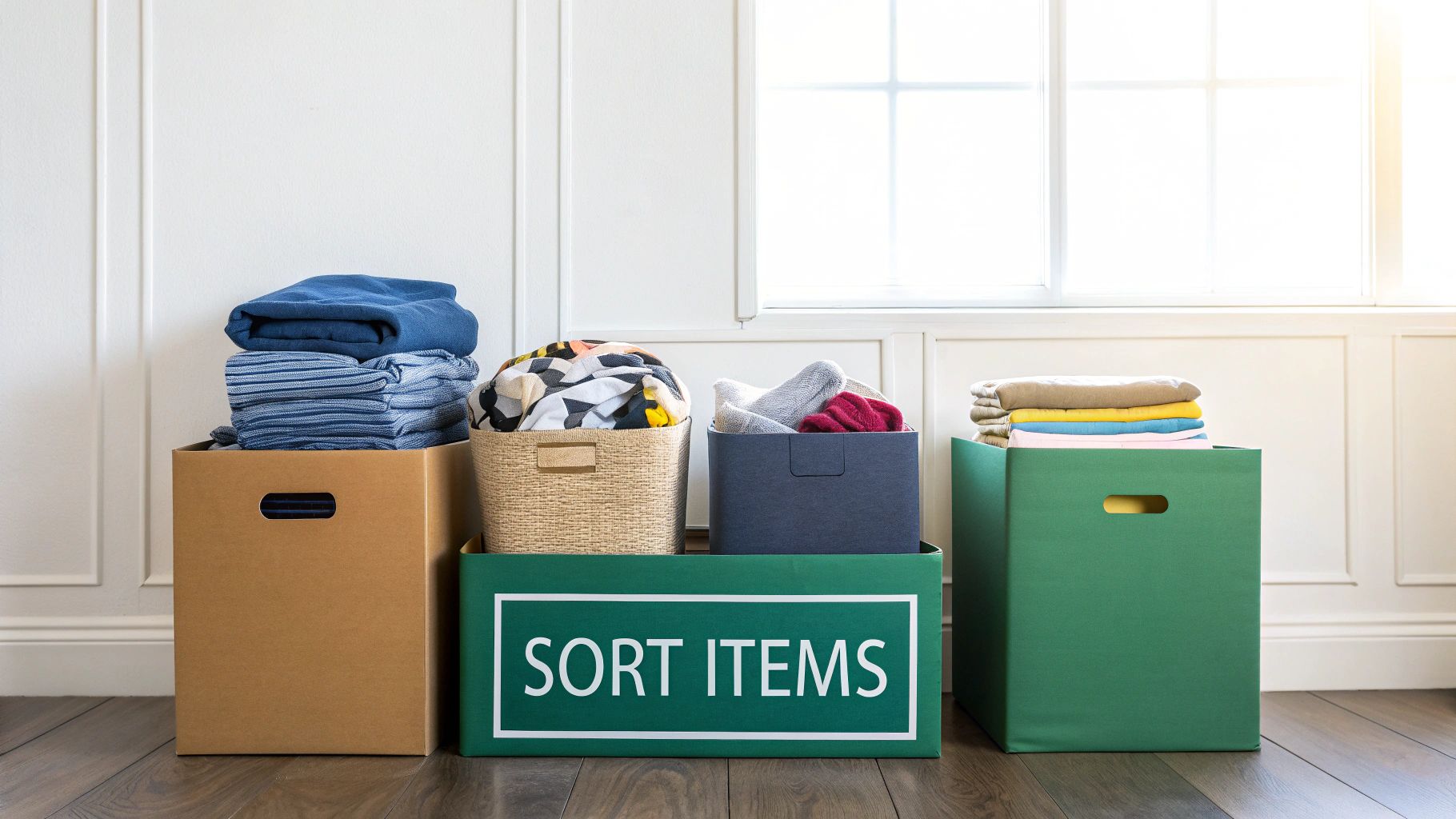 Four labeled boxes for Keep, Donate, Sell, and Recycle/Trash being used to sort items in a room.