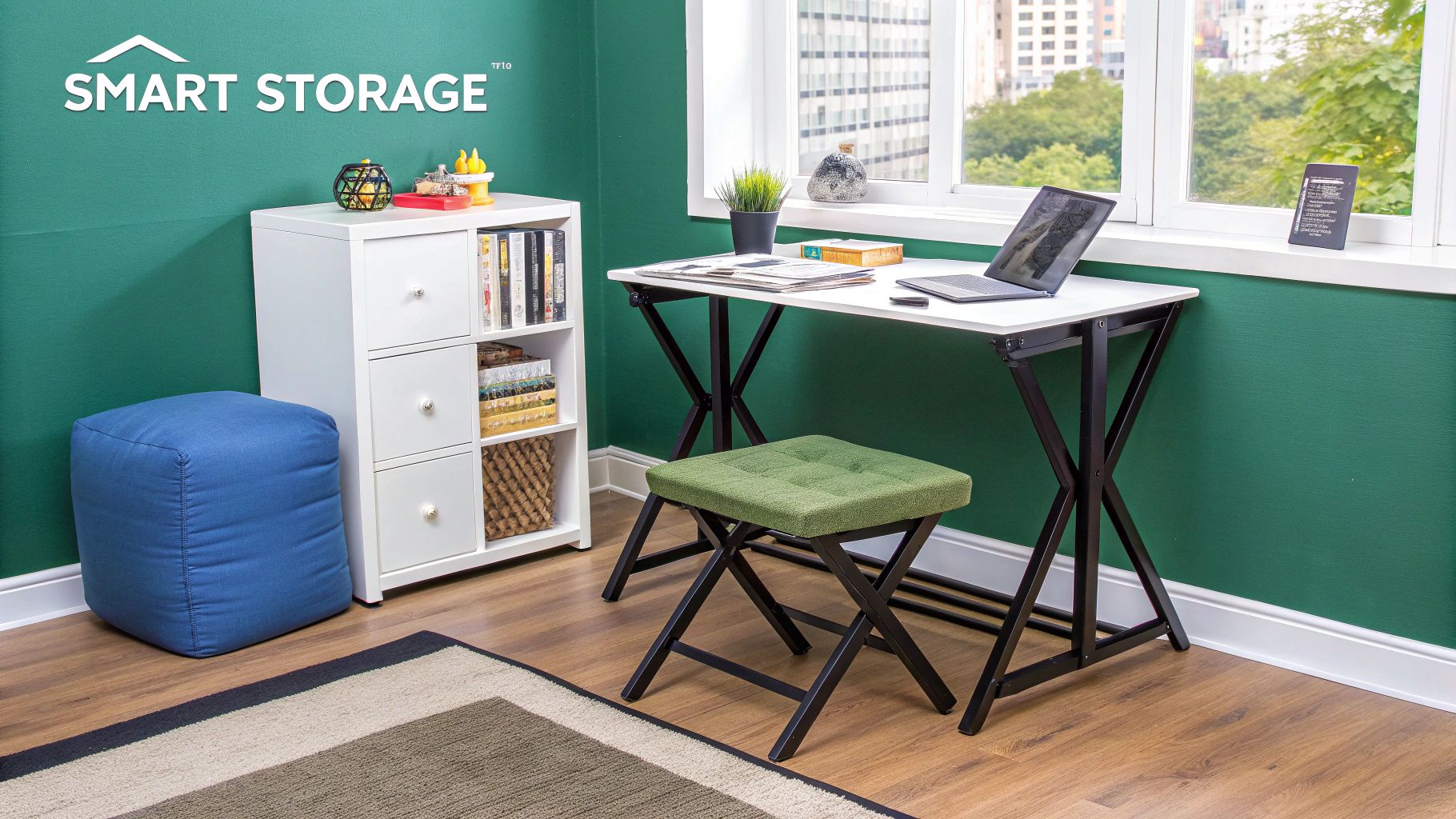 A modern, well-organized living room featuring multifunctional furniture like a storage ottoman and sleek, wall-mounted shelves.