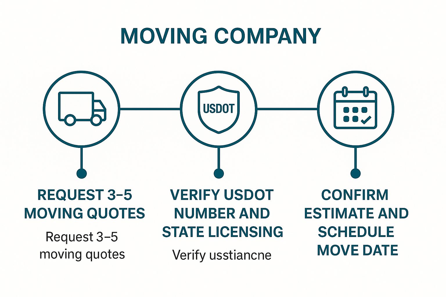 Infographic showing a three-step timeline for hiring movers: 1) Request 3-5 moving quotes, 2) Verify USDOT number and state licensing, 3) Confirm estimate and schedule move date.