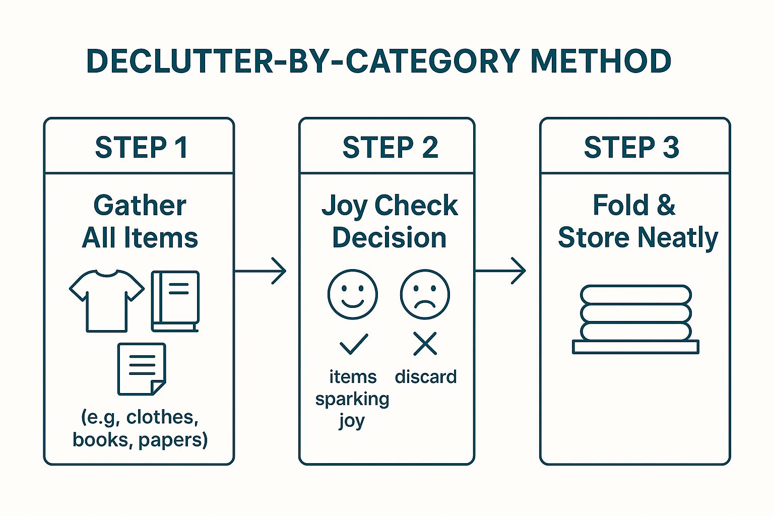 Infographic illustrating the three key steps of the declutter-by-category method: Gather, Joy Check, and Store.