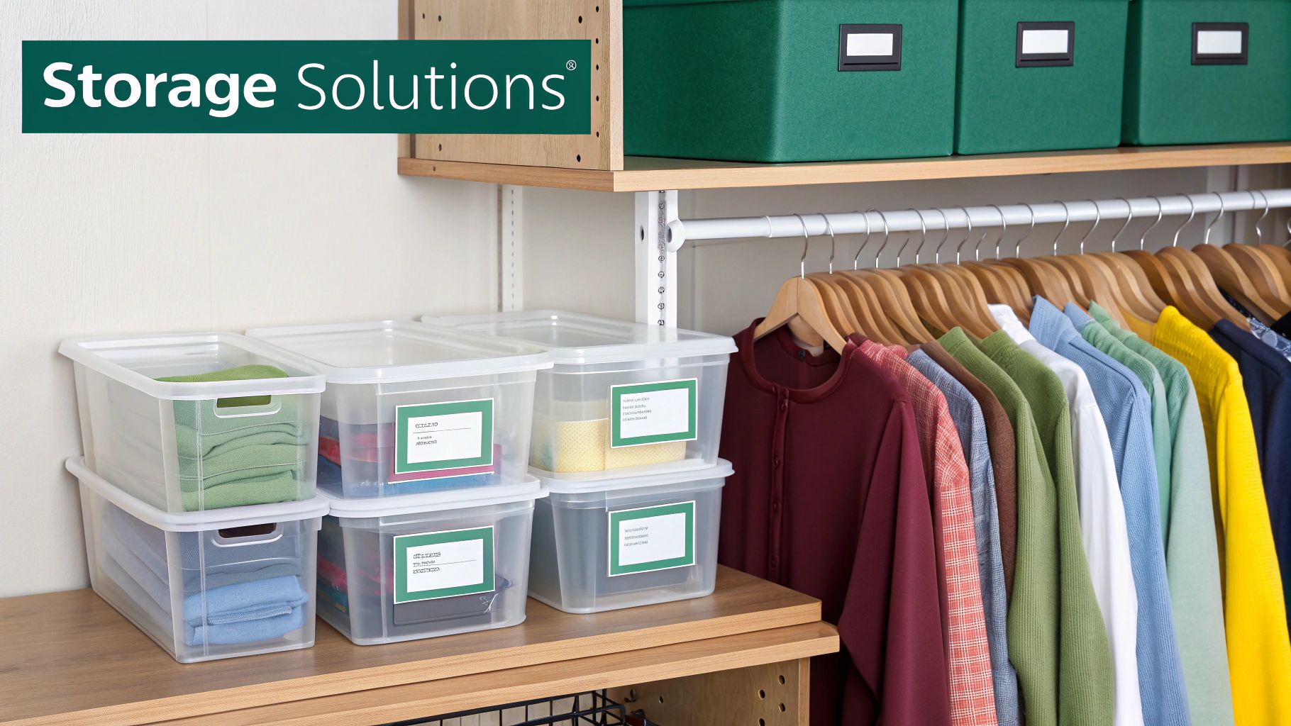 A neatly organized pantry with clear containers and labeled baskets on shelves.