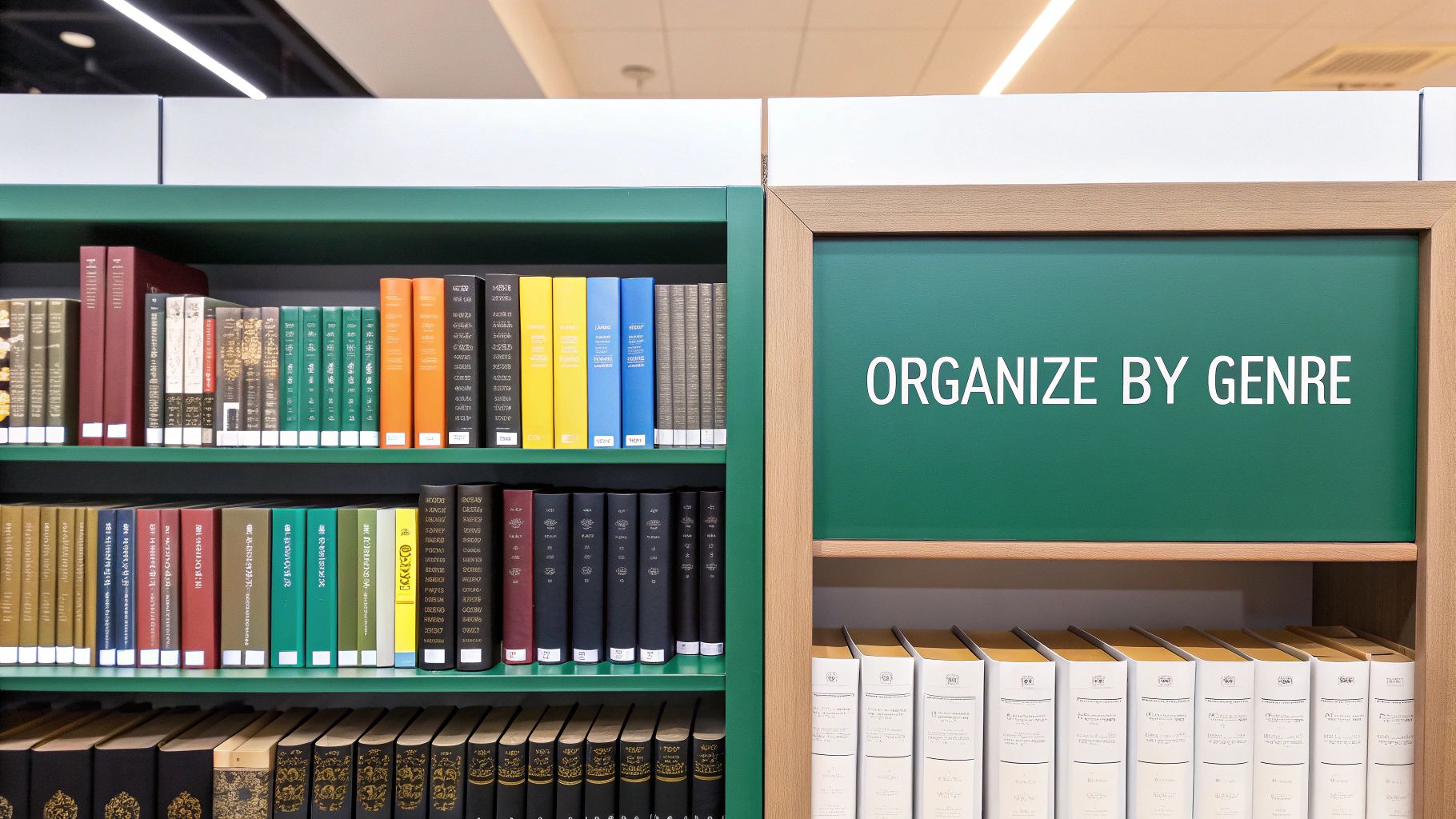 A bookshelf organized by genre, with visible labels for Fiction, Non-Fiction, and other categories.