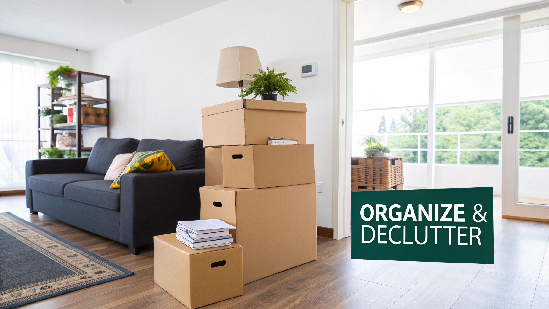 A neatly organized room with labeled moving boxes, illustrating the result of systematic decluttering.