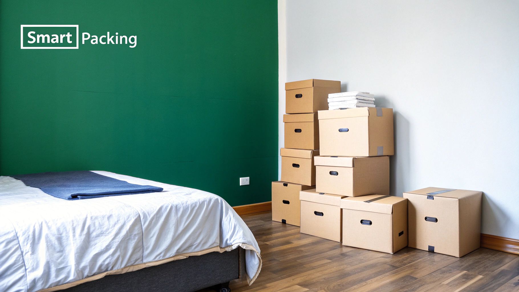 A person systematically packing items from a shelf into a cardboard box, demonstrating a room-by-room strategy.