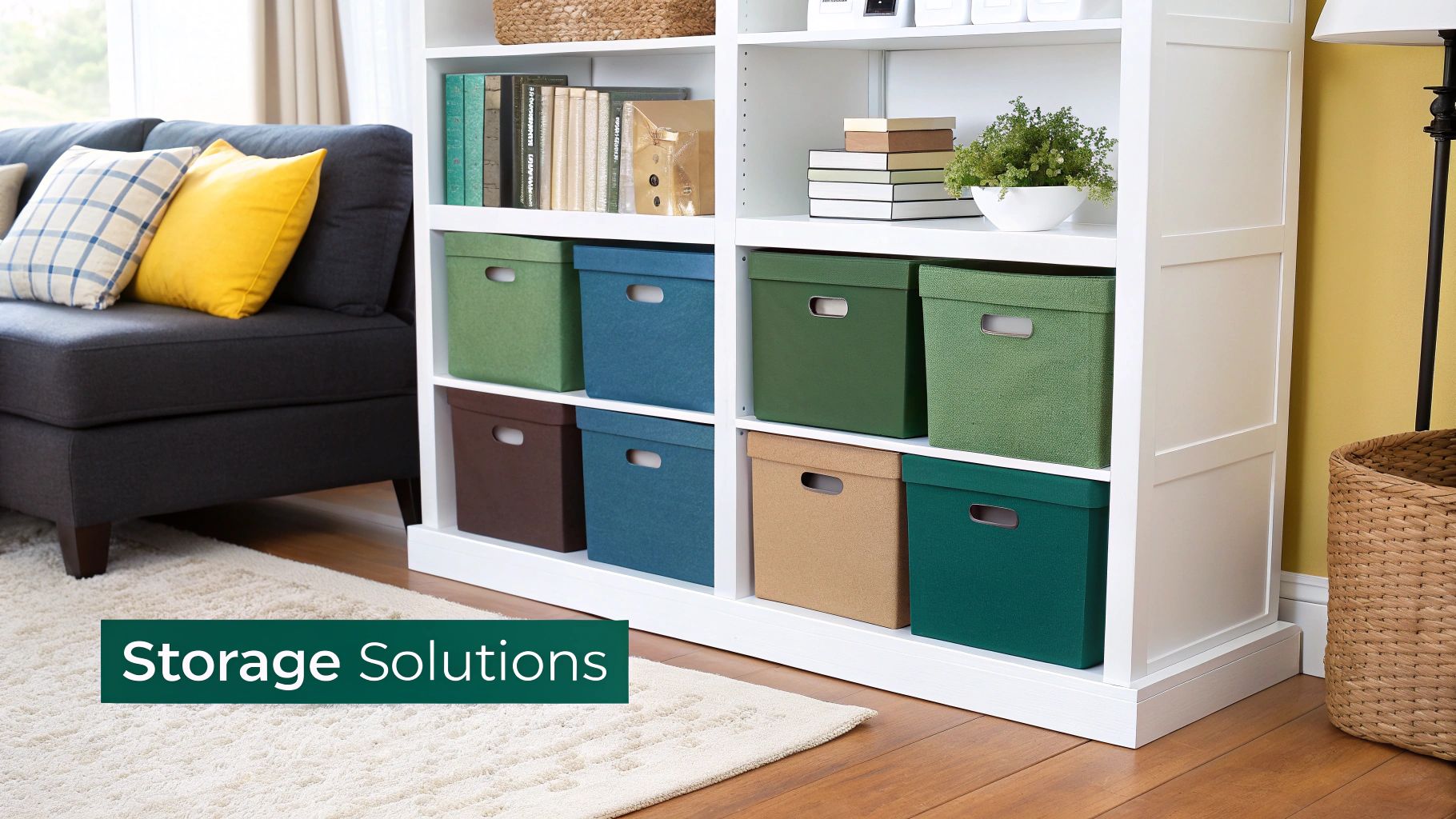 A neatly organized closet with several stacked storage boxes with lids.