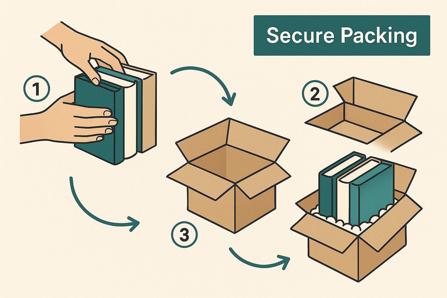 Hands placing books securely into a packing box with cushioning.