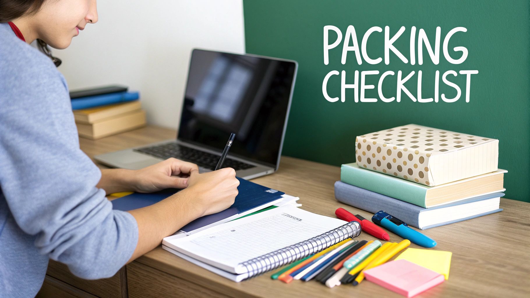 Student organizing items for their college packing list in a dorm room