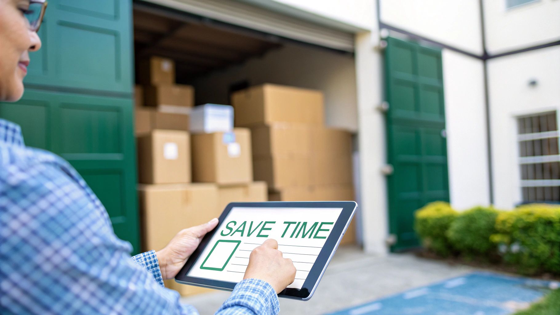 A person using a laptop with moving boxes in the background.