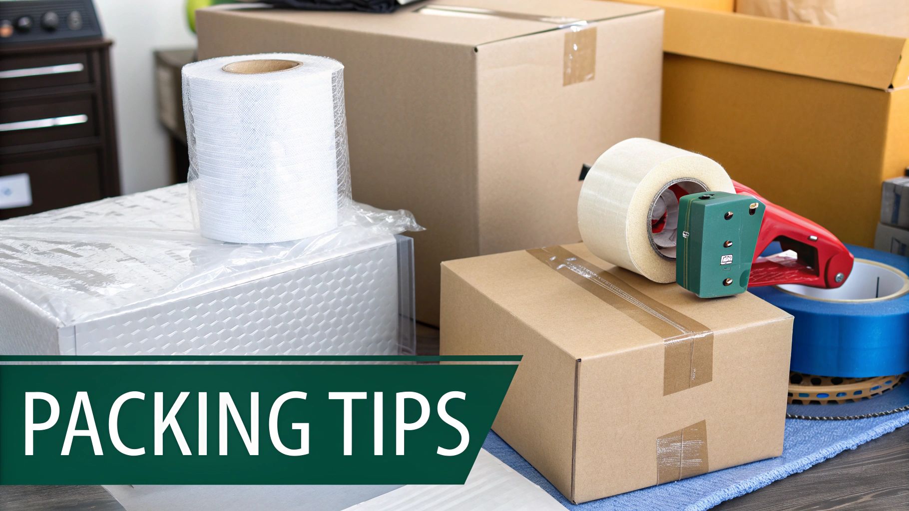 Family packing boxes with a temporary storage unit in the background.