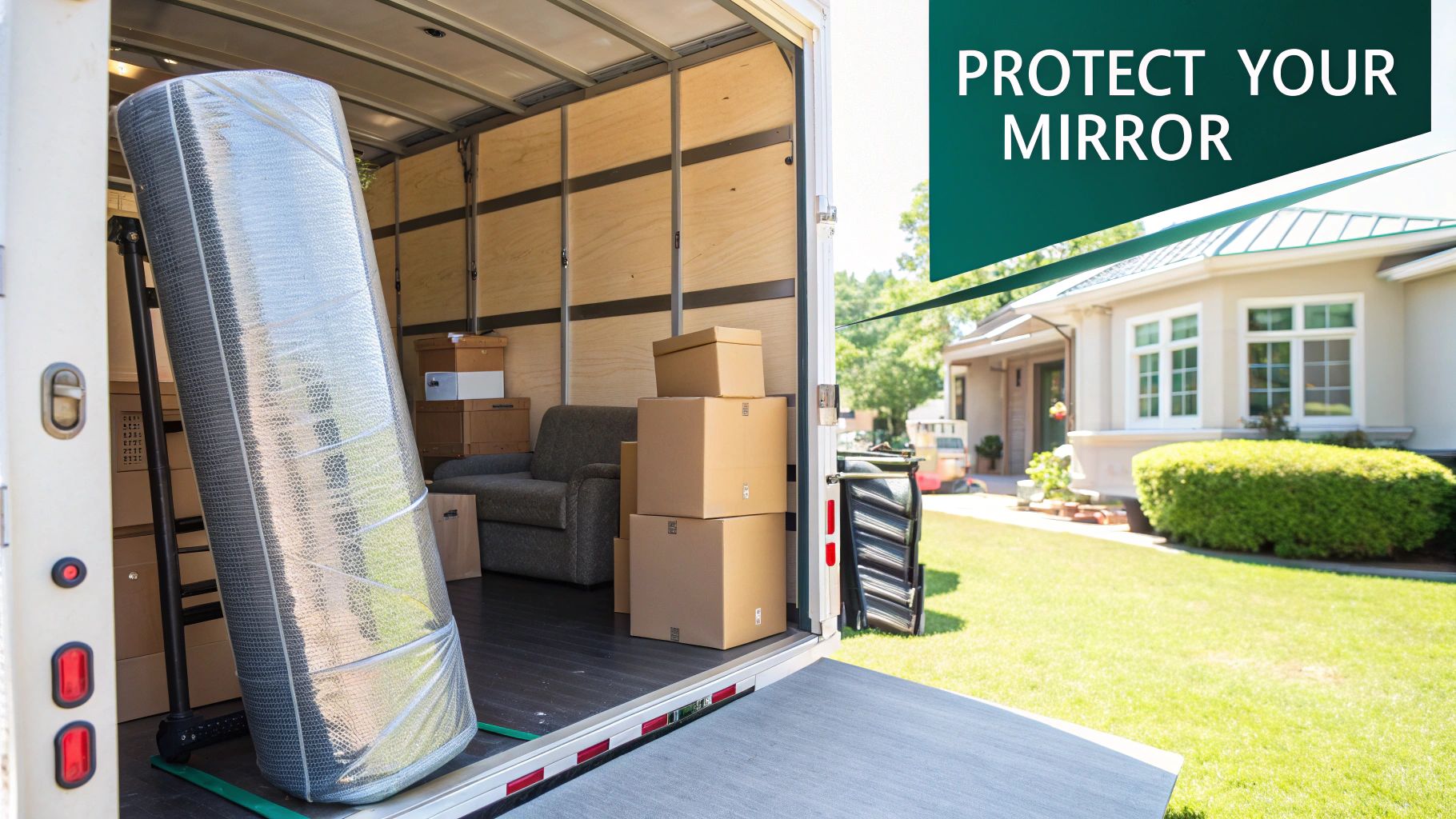 A large, ornate mirror with a golden frame leaning against a wall, partially wrapped in bubble wrap and moving blankets.
