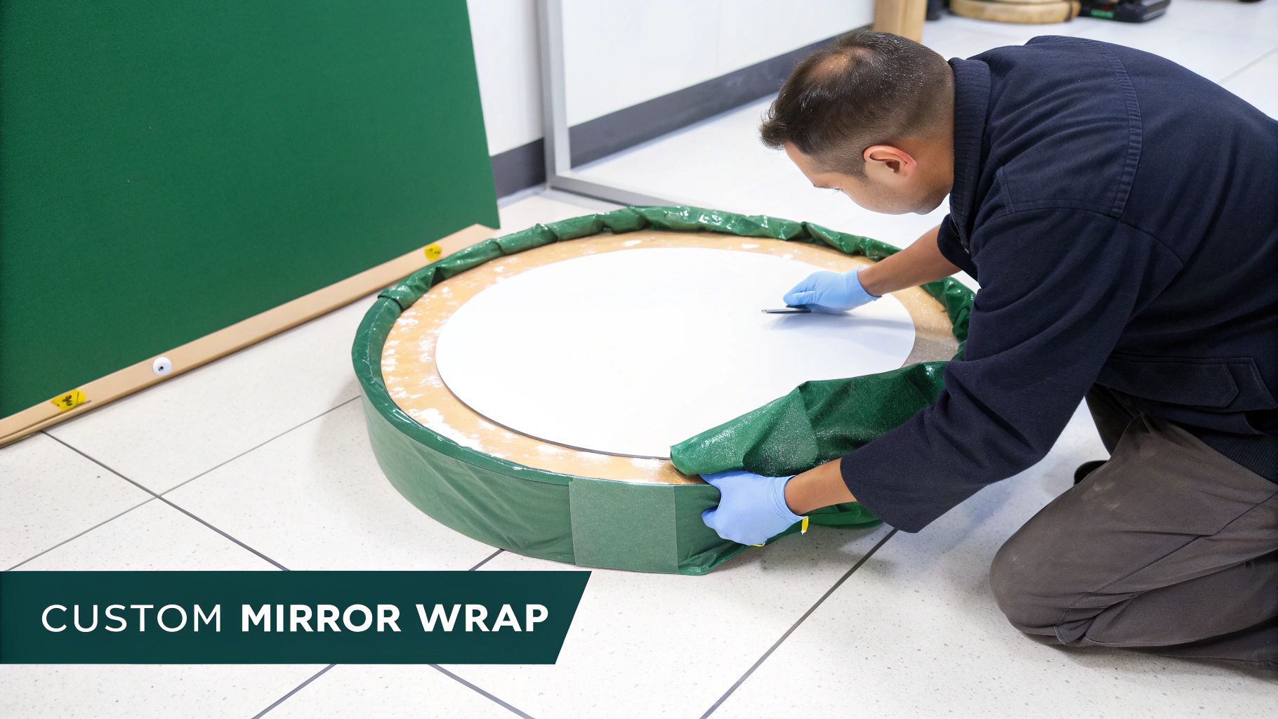 An unframed, circular mirror with beveled edges, leaning against a neutral-colored wall.