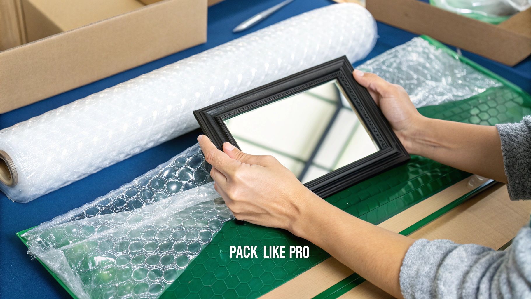 A person carefully placing a wrapped mirror into a telescoping cardboard box, with packing peanuts and paper nearby.