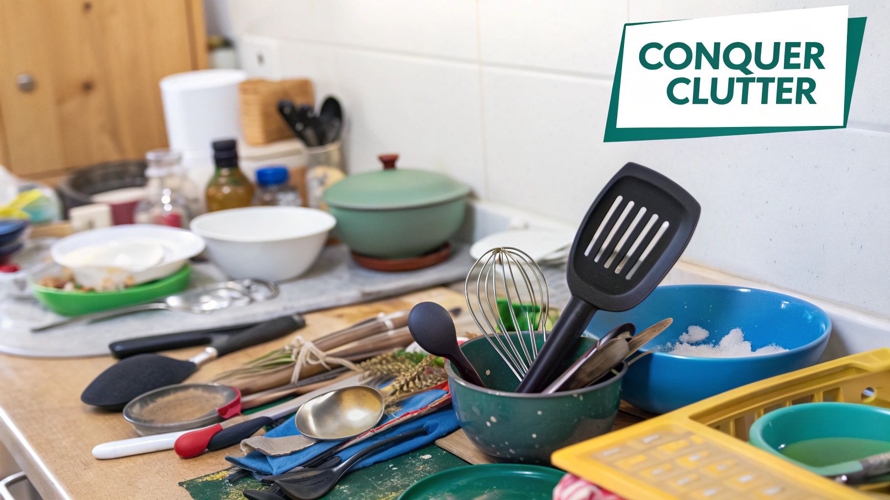 An organized kitchen drawer with wooden dividers separating various utensils like spatulas, whisks, and tongs.