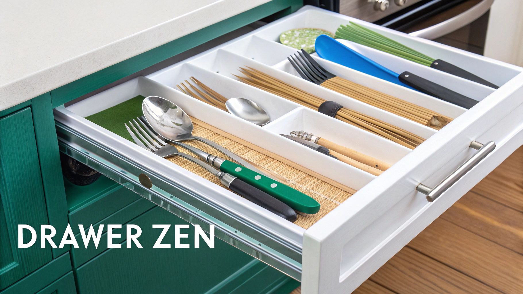 An organized kitchen drawer with wooden dividers separating various utensils like spatulas, whisks, and tongs.