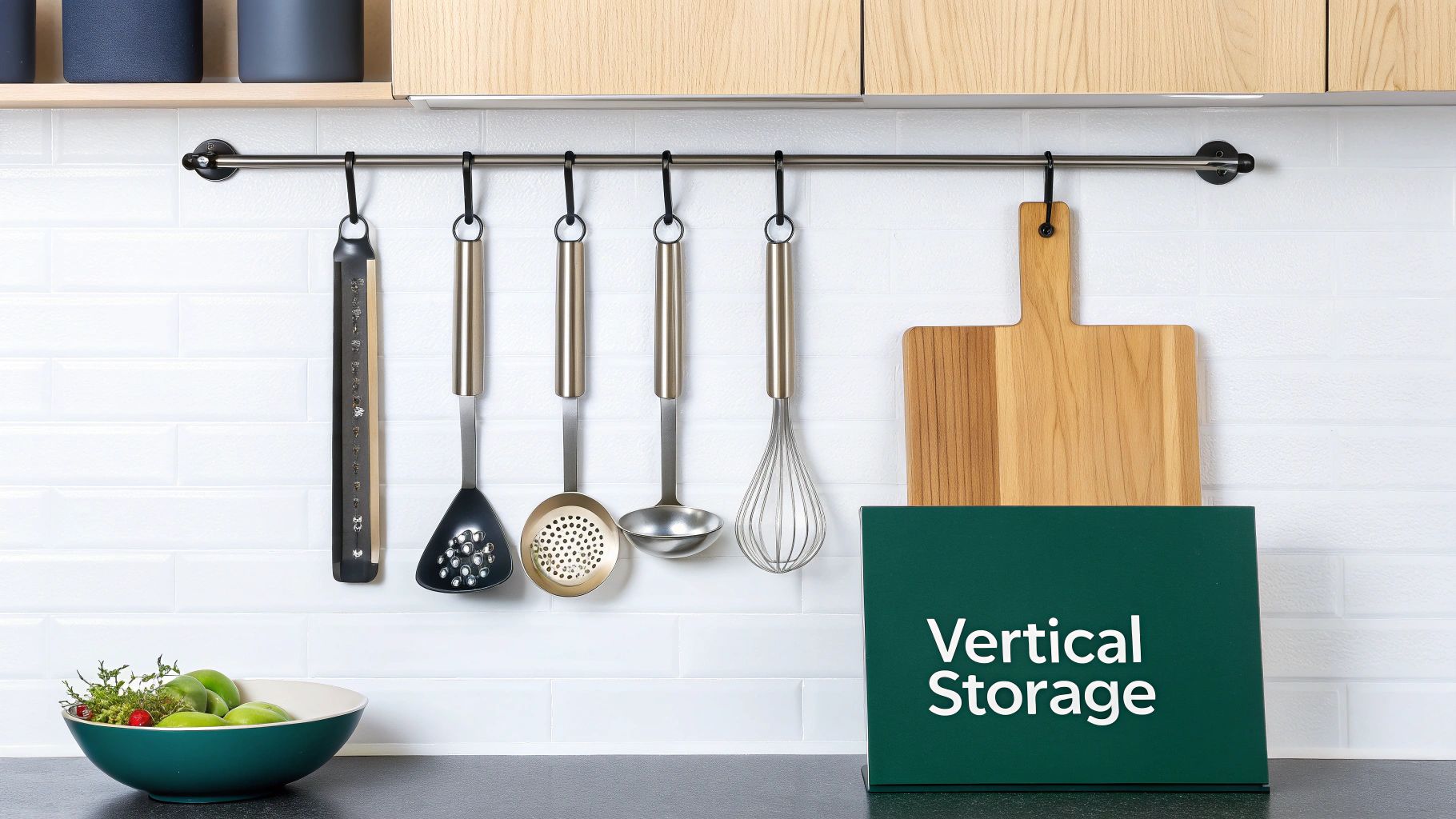 A sleek kitchen wall with a magnetic knife strip holding knives and metal spatulas, alongside a hanging rail with S-hooks for other utensils.