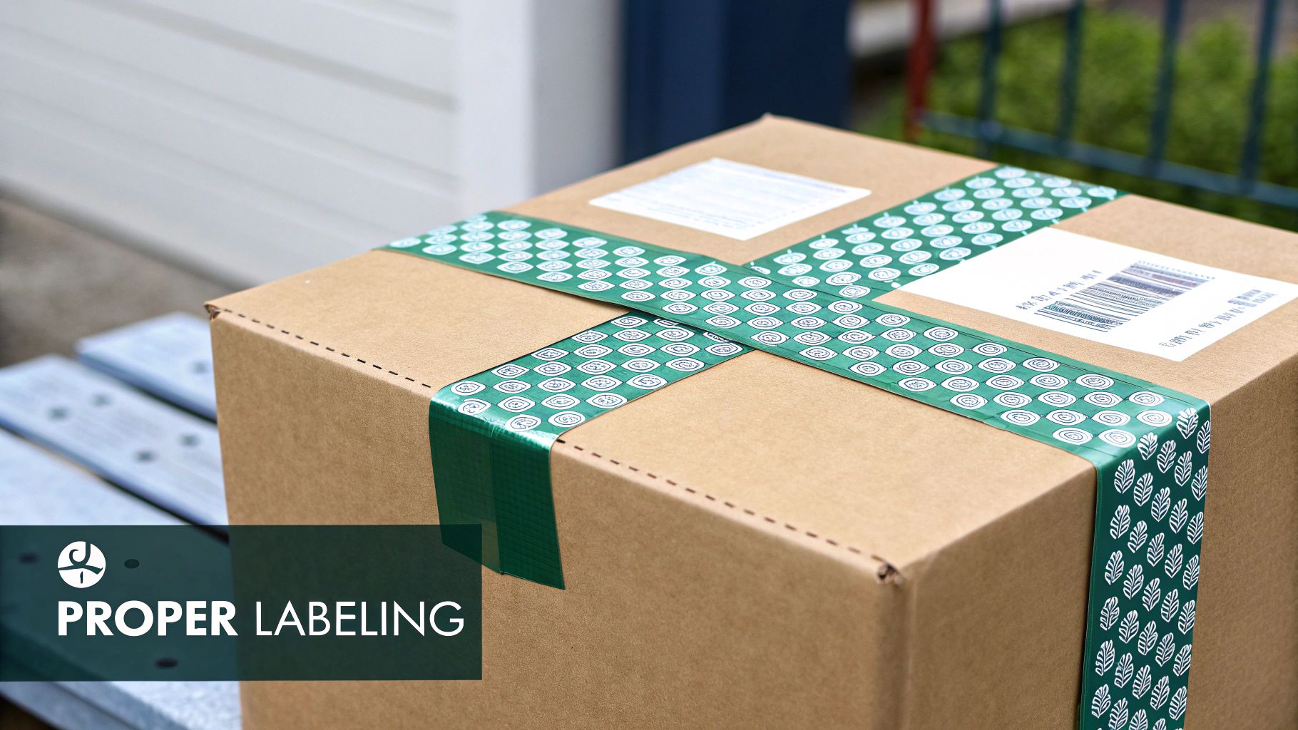A shipping box being sealed with packing tape and a shipping label being applied.