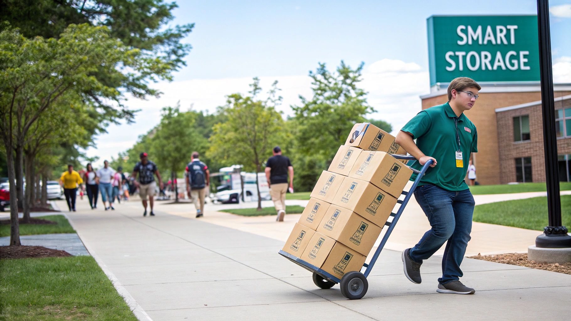 Students packing boxes and smiling, ready to move their belongings into a student storage unit.
