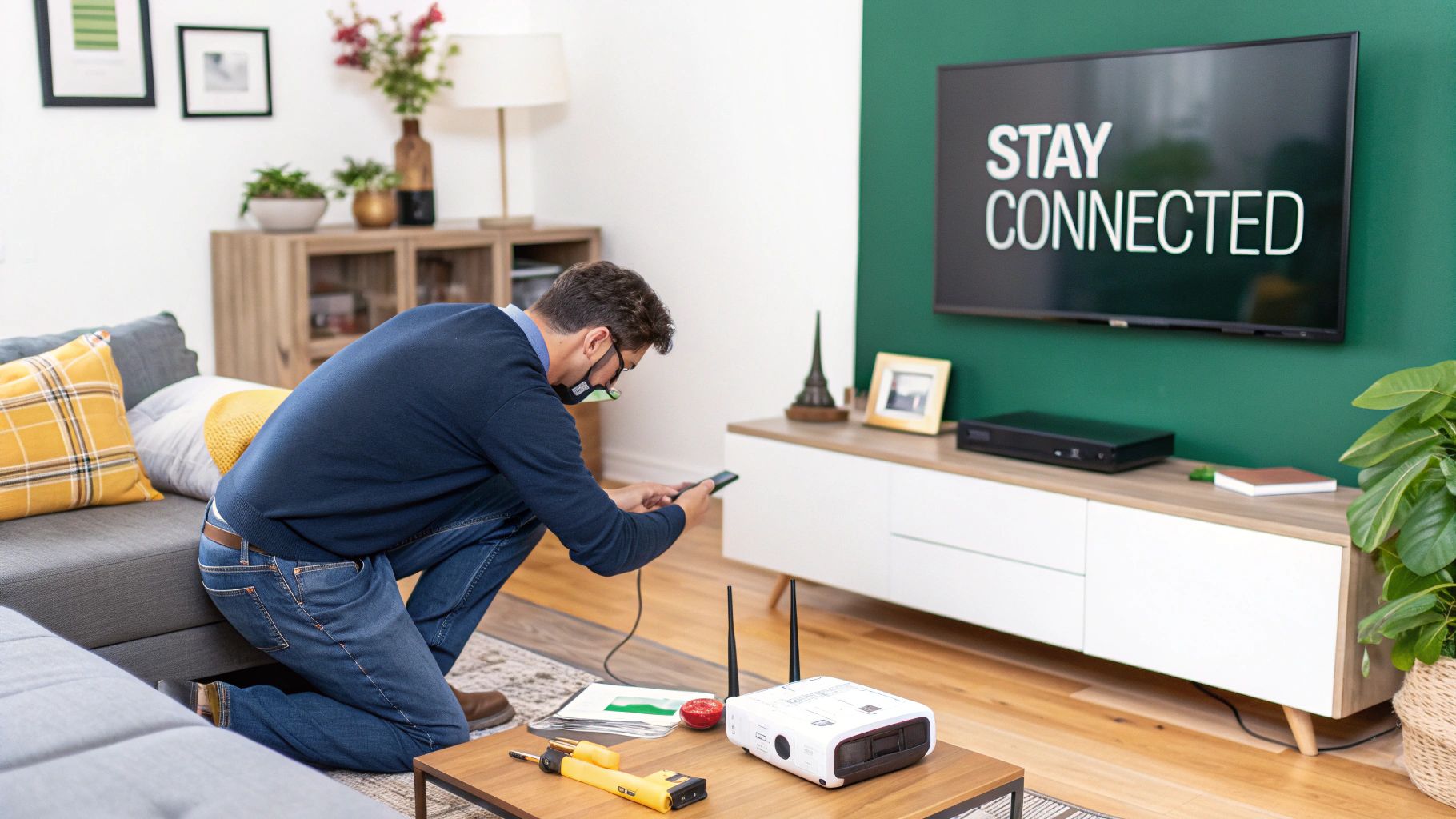 Person plugging in an internet router with moving boxes in the background