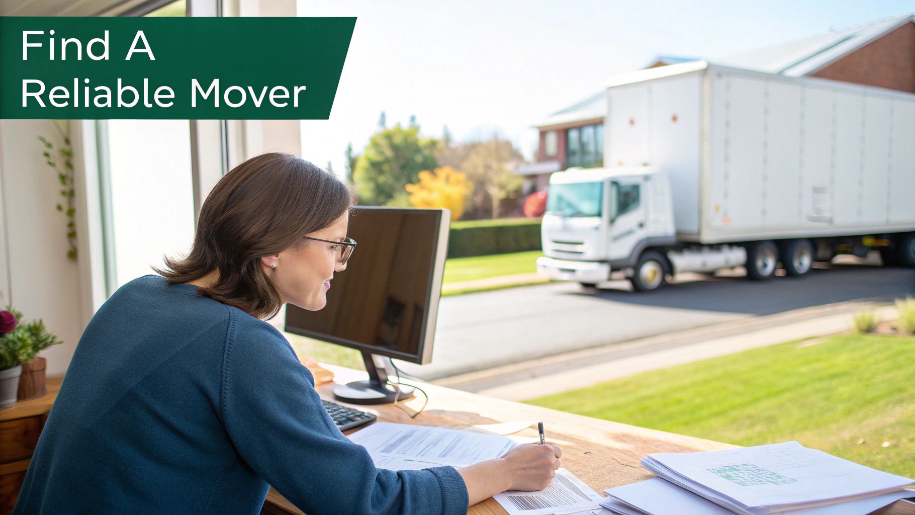 A professional mover carefully carrying a box down the stairs of a house