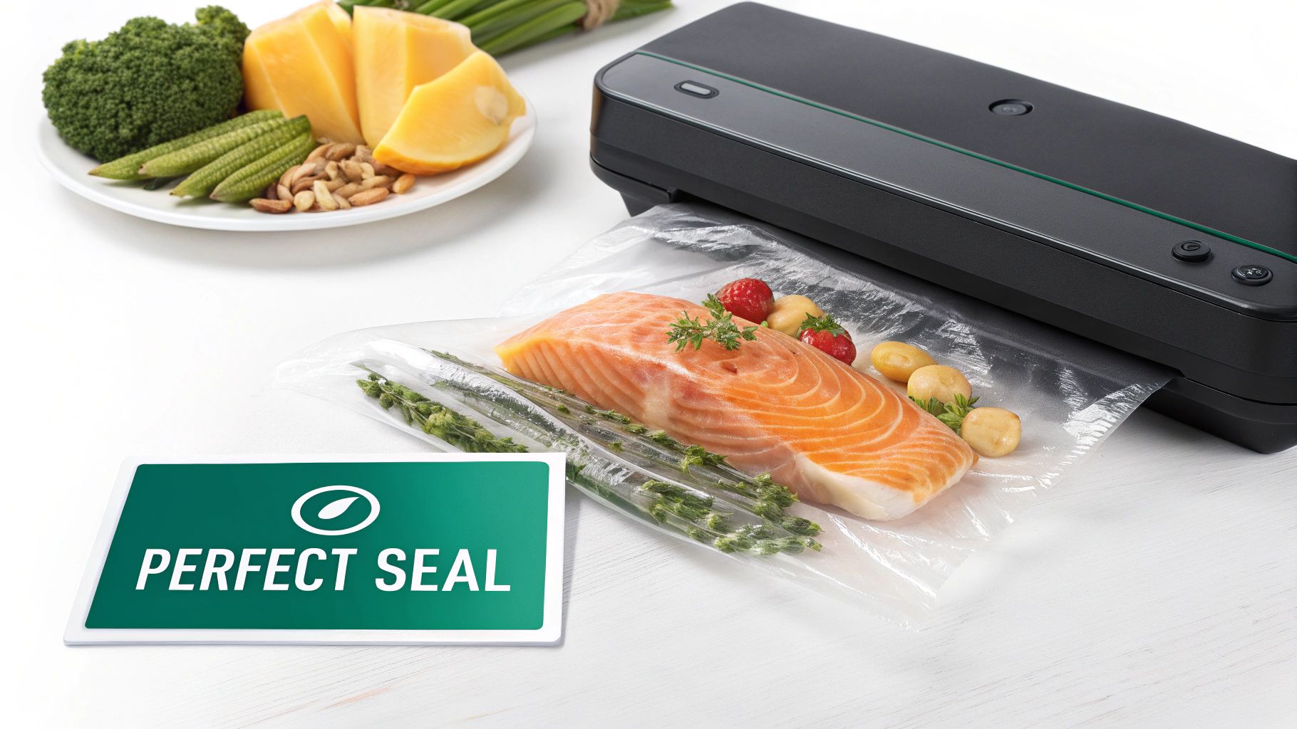A person carefully placing a vacuum seal bag into a sealing machine on a clean kitchen counter.