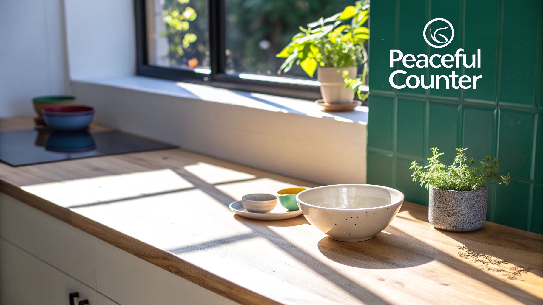 A minimalist, clean kitchen counter with a few decorative items, highlighting a sense of calm and order.