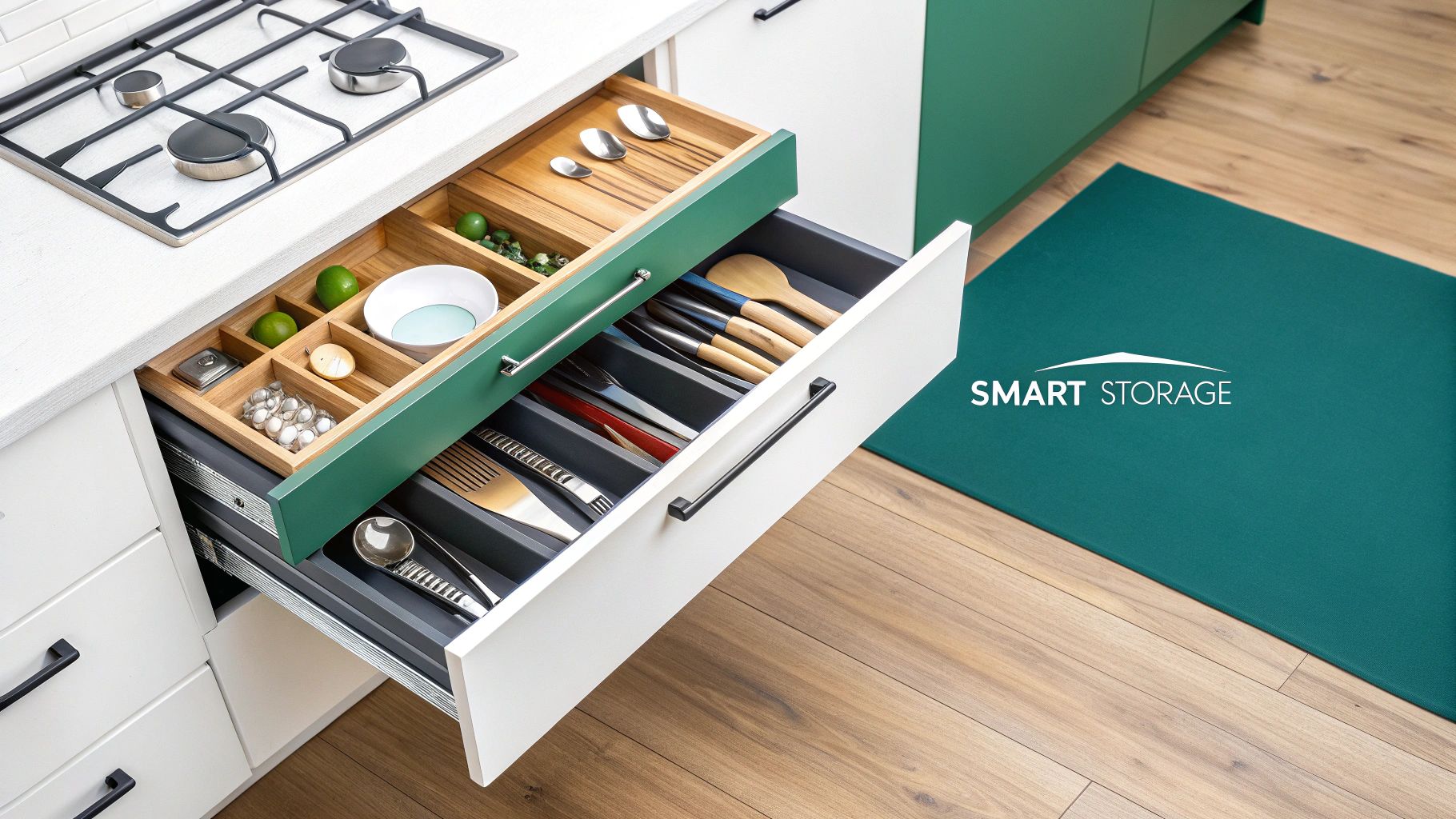 A well-organized kitchen with wall-mounted racks and under-cabinet organizers in use.