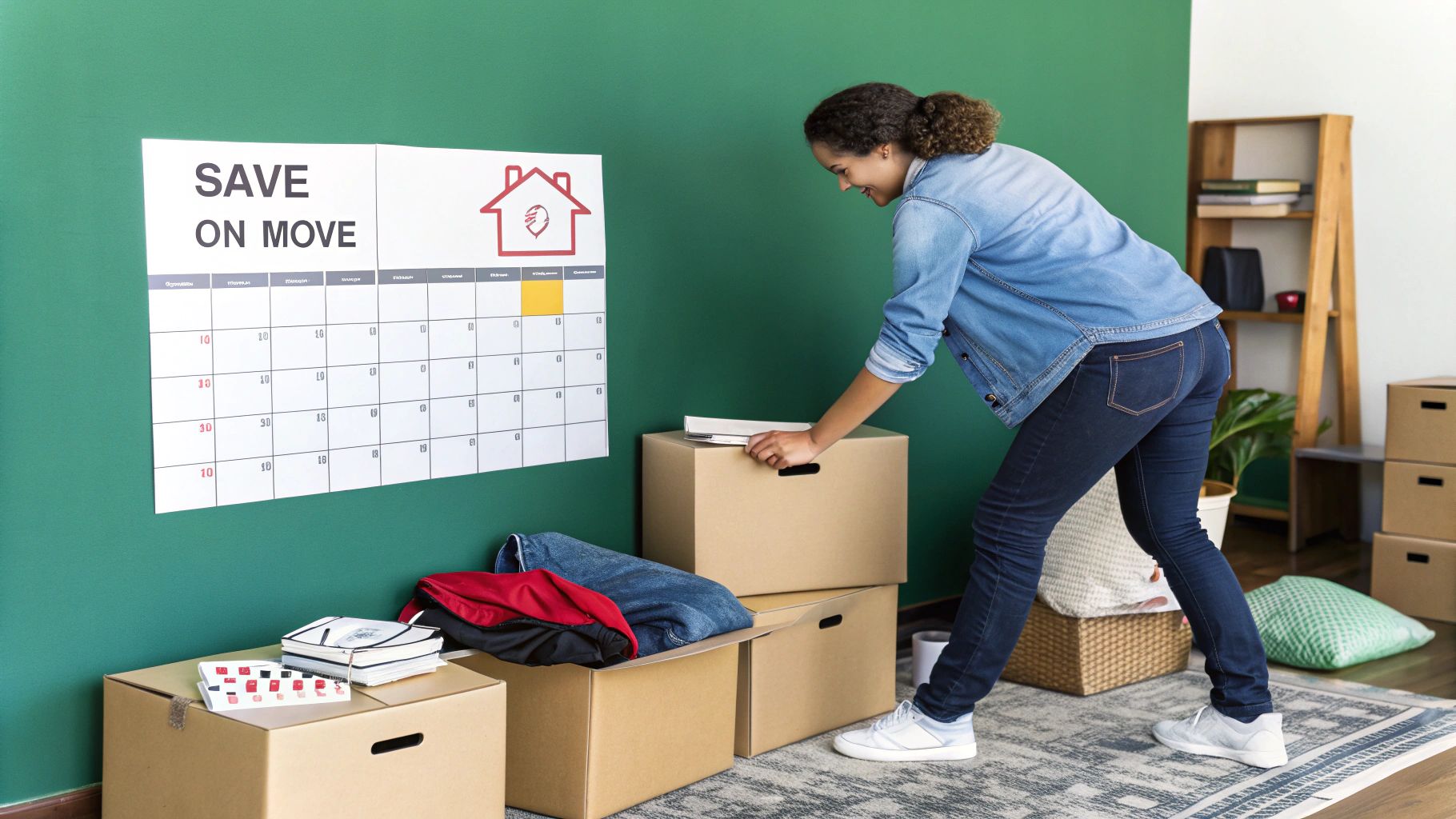 A person placing items into a cardboard box with a "donate" label, with a decluttered room in the background.