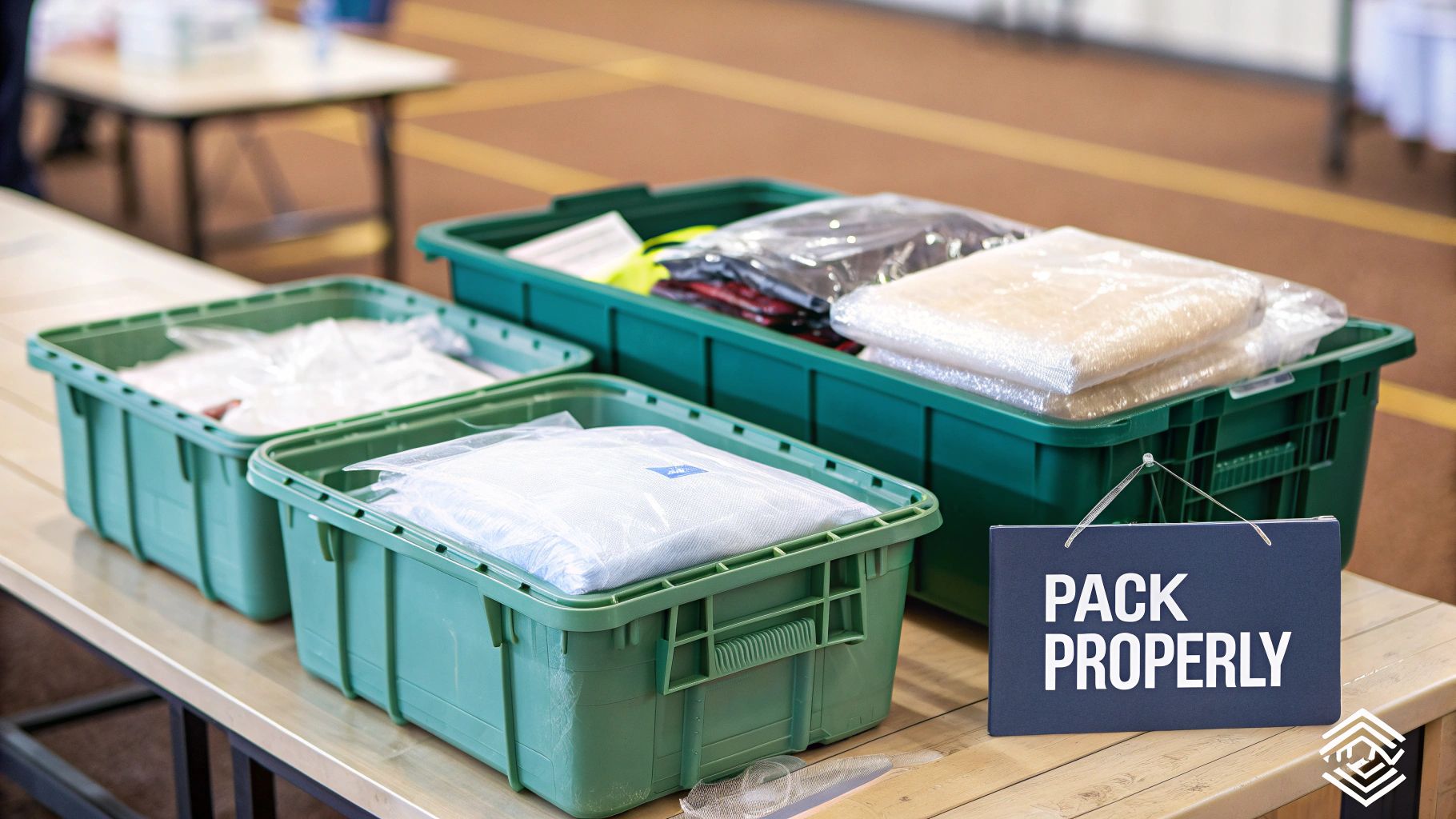A person carefully wrapping a fragile item with bubble wrap and placing it into a sturdy plastic bin.
