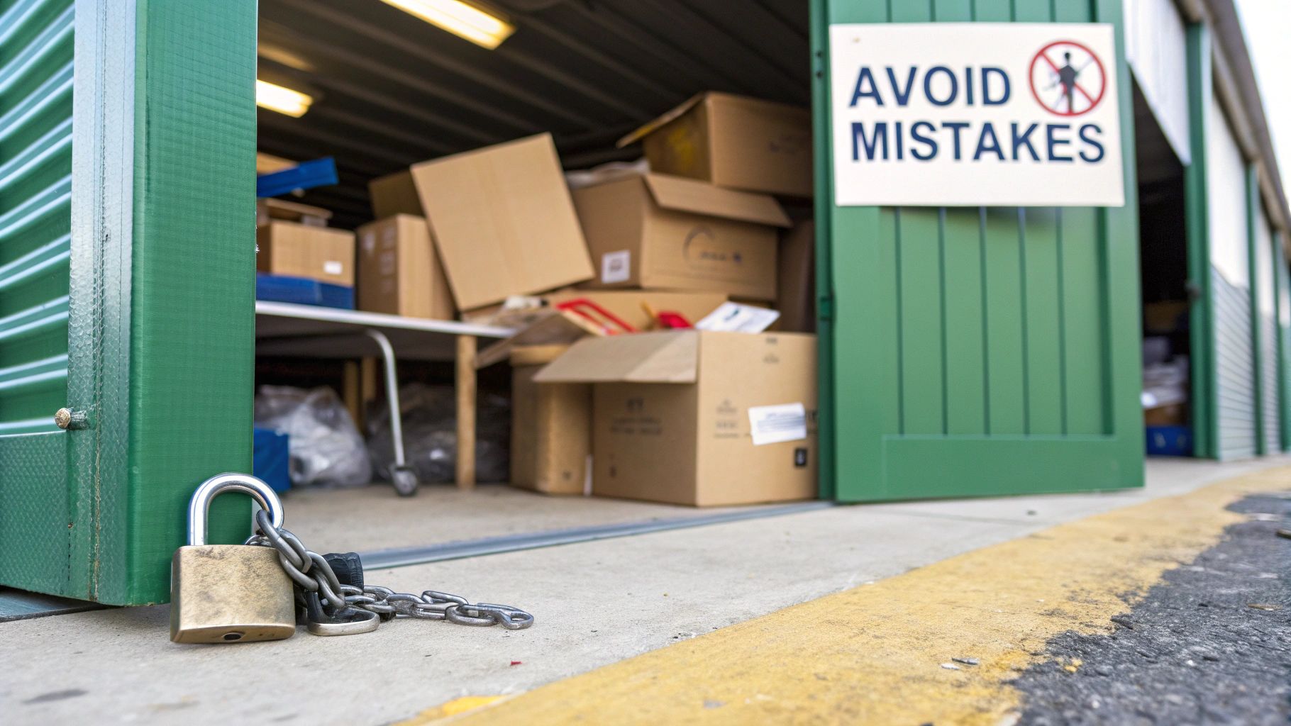 A cluttered and disorganized storage unit with boxes piled unsafely.