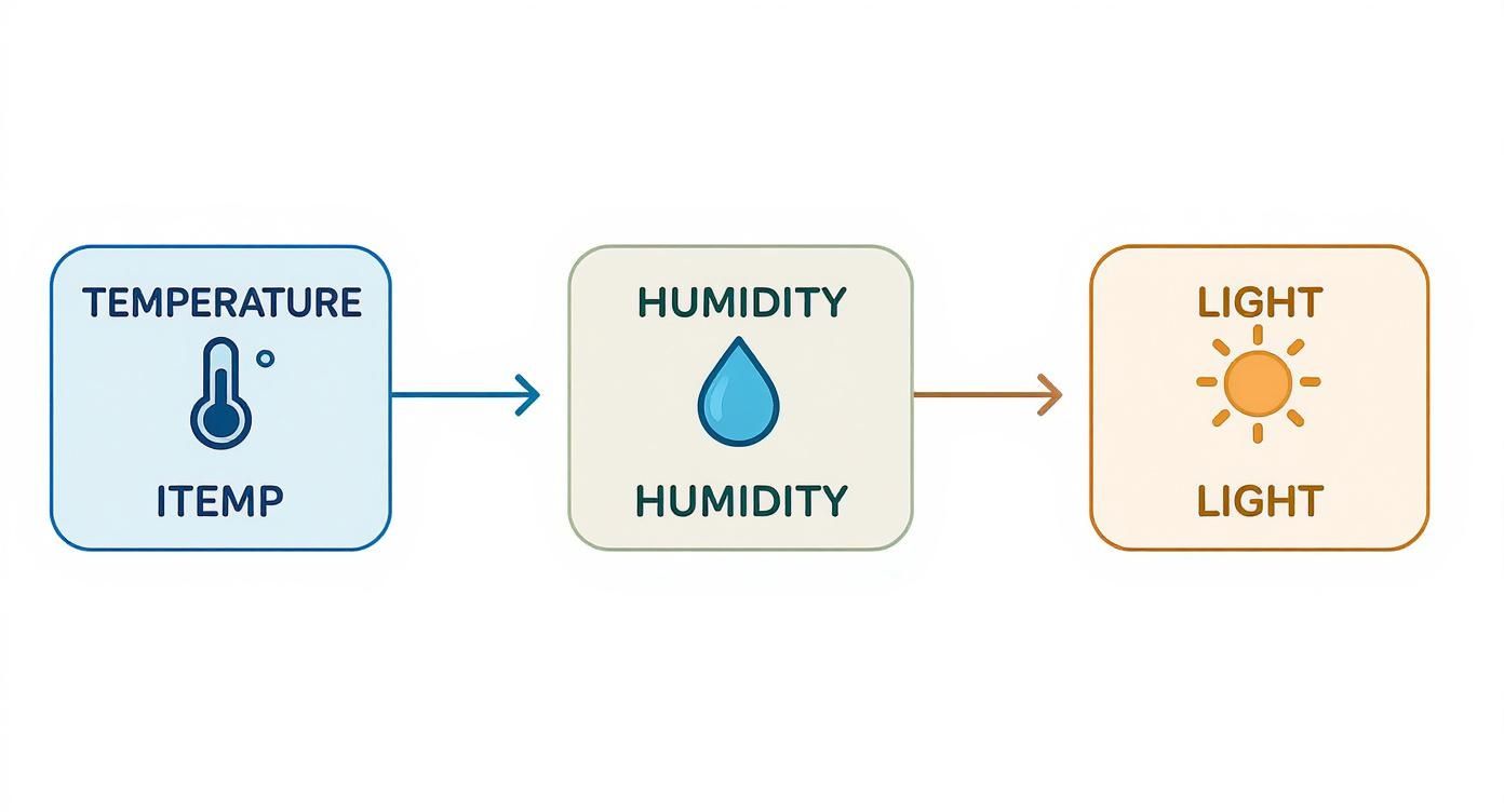 Infographic summarizing ideal storage conditions for board games, showing icons for temperature, humidity, and light.