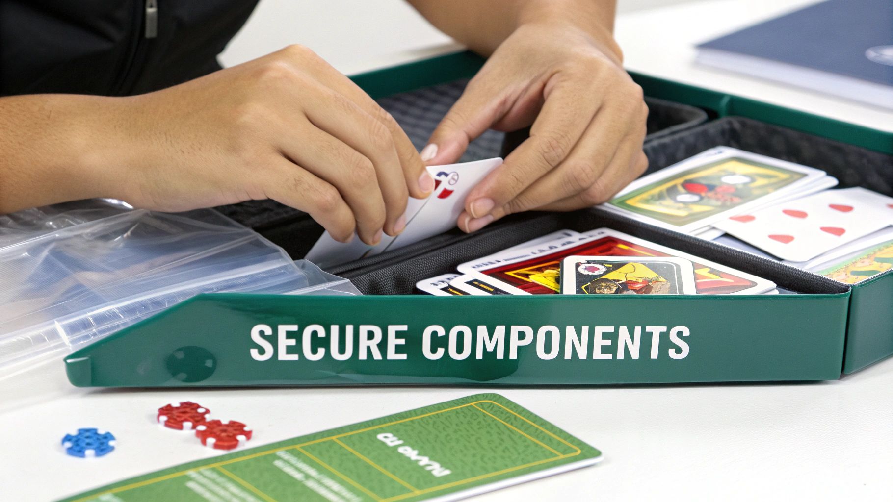 A person carefully placing bagged game components and cards into a board game box.